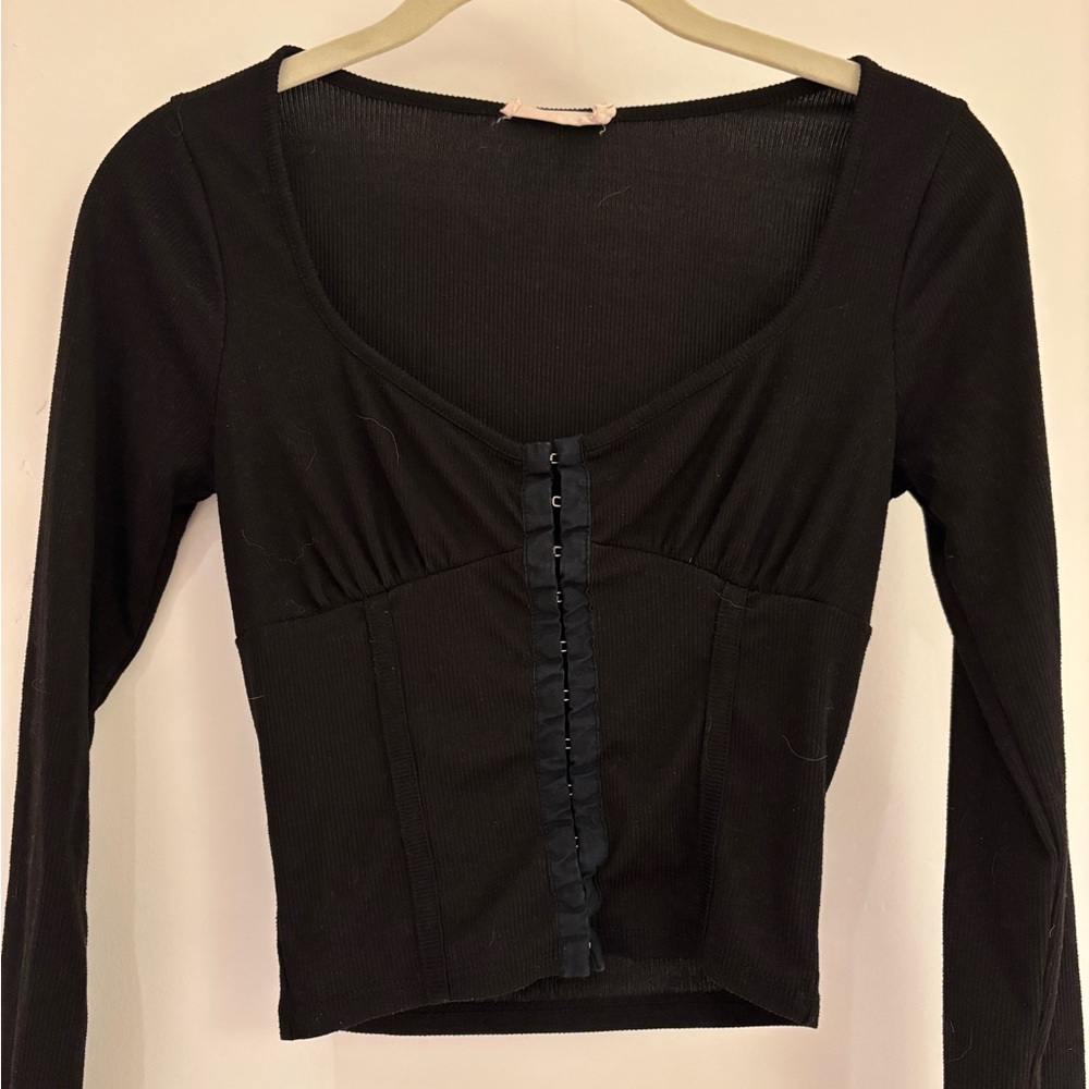 Lush Black Long Sleeve Top with Button Detail